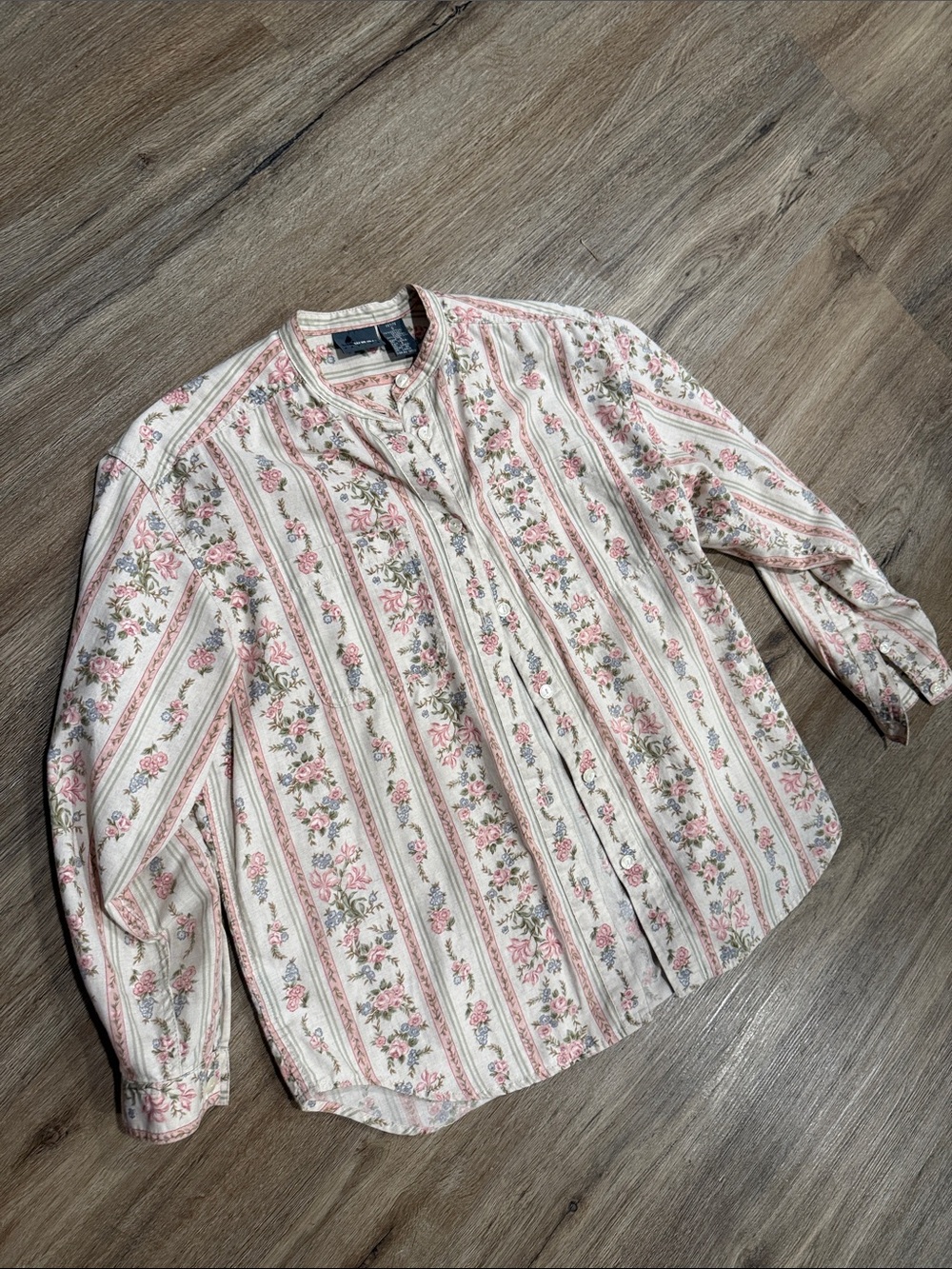 Vintage Linen Cotton Country Floral Stripe Button-Down Shirt in Pink & Cream SP